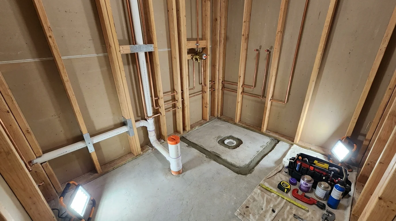Bathroom rough-in plumbing during remodel by Johns Plumbing LLC in Colonial Heights