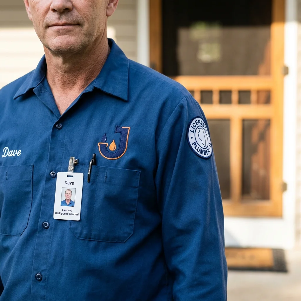 Licensed plumber showing ID badge in Colonial Heights, VA