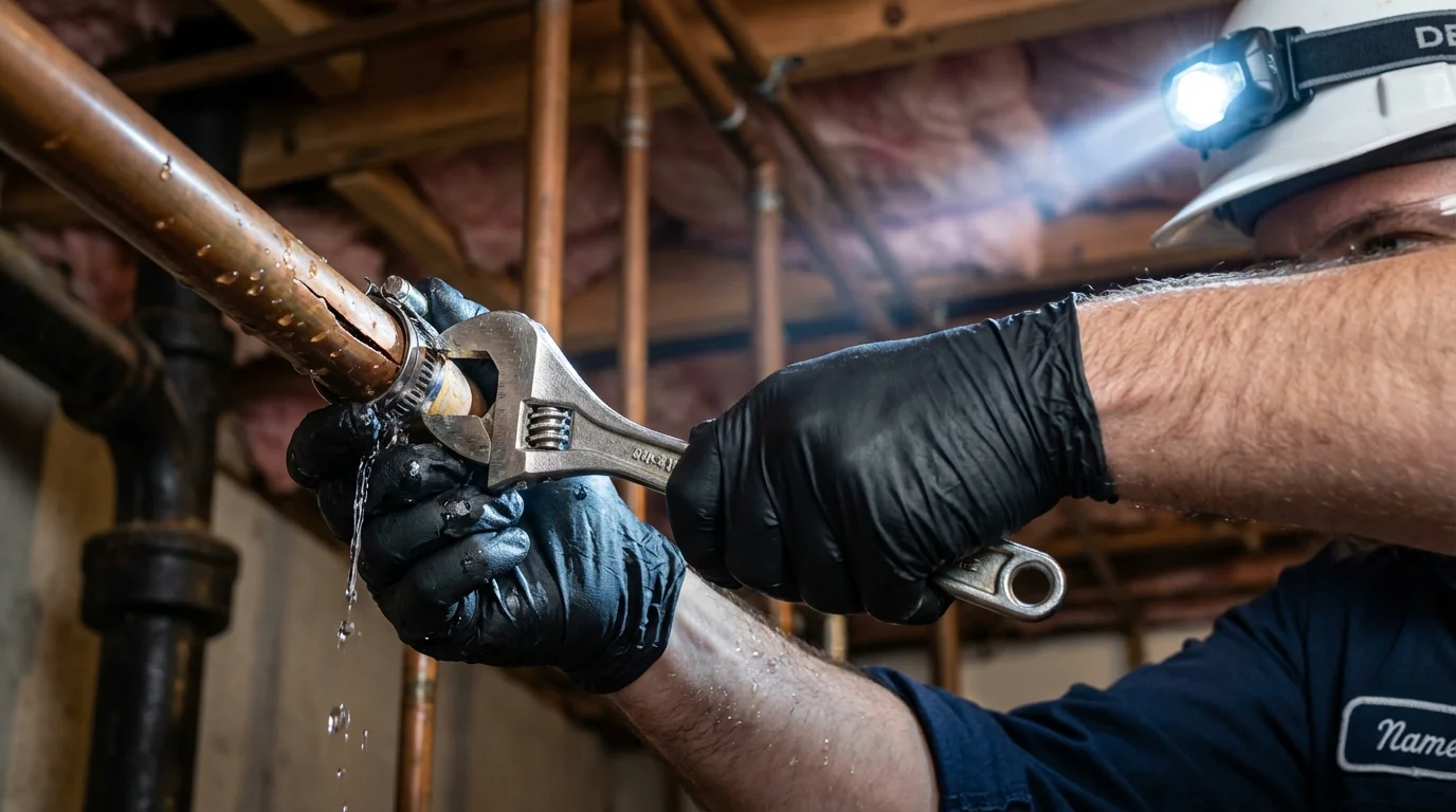 Emergency pipe clamp repair being performed by a Johns Plumbing LLC plumber in Colonial Heights