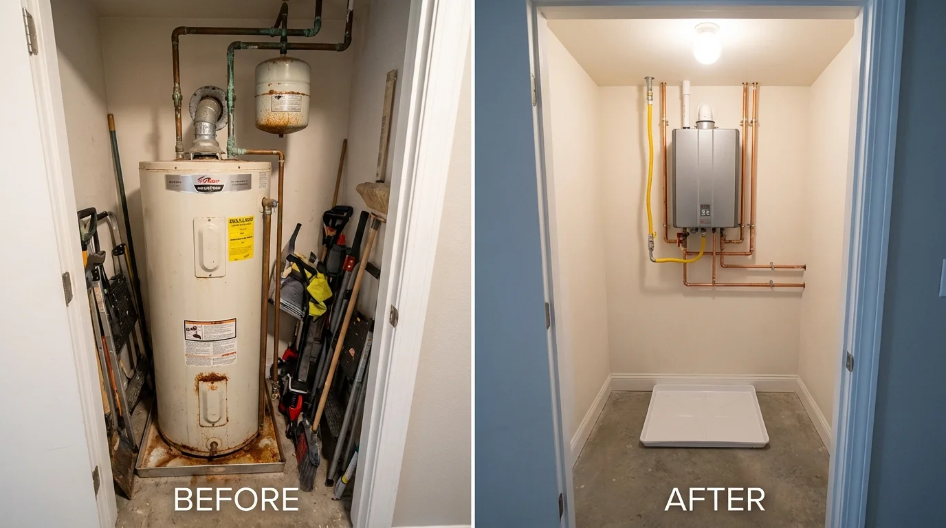 Tank water heater versus wall-mounted tankless unit comparison for Colonial Heights, VA homeowners