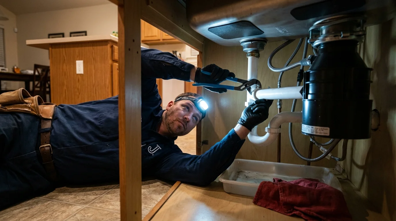P-trap and supply line connections under a kitchen sink showing a common leak point in Colonial Heights, VA